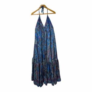 Silk Blend Paisley Maxi Dress Boho Halter Resort Wear Vacation Cruise Tiered